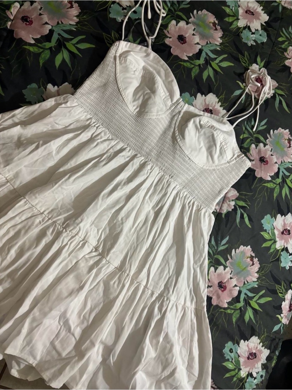 White Smocked Bust Tiered Sundress with Spaghetti Straps